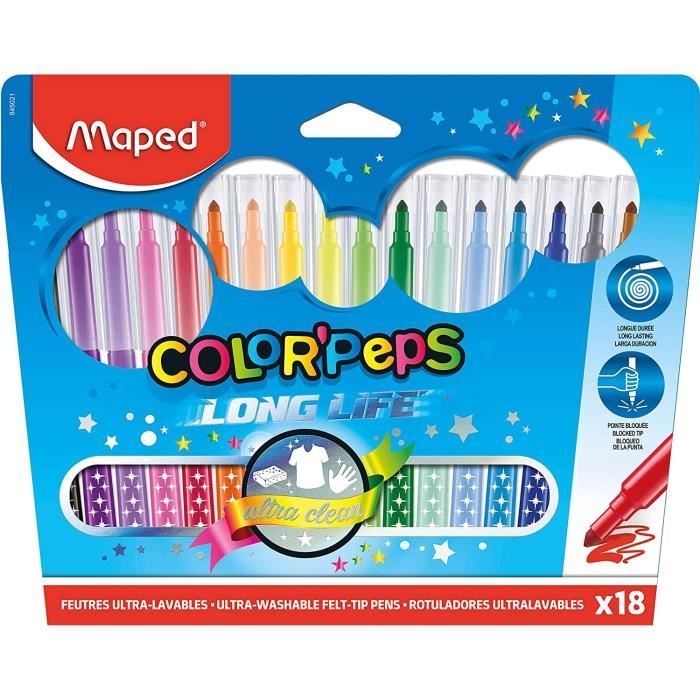 Feutres Maped Long Life - 24 Couleurs Ultra-Lavables - Pointe Moyenne Bloquée - Idéal Enfants École Ou Maison