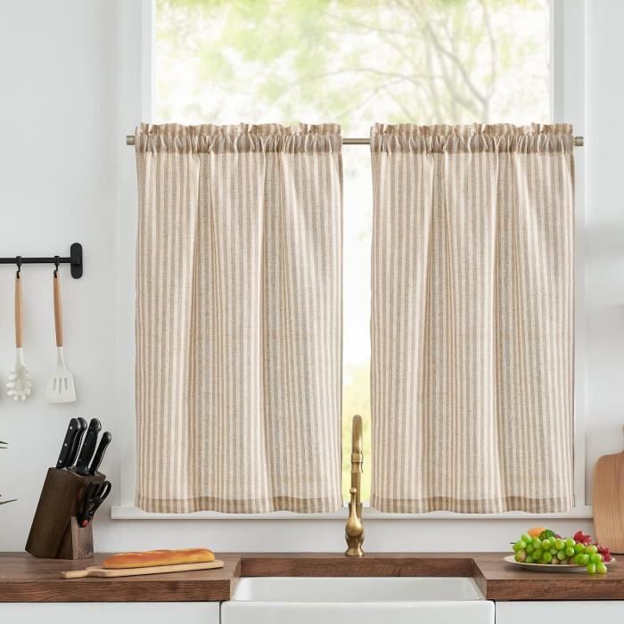 TOPICK Rideau Brise-bise, en Lin, Opaque, pour Cuisine, Printemps, Feuilles Tropicales, Style Maison de Campagne, Court, à Volant, Vert sur Beige, 40 x 125 cm (l x H