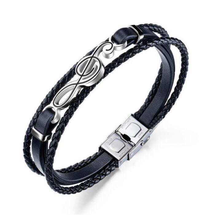 bracelet homme - acier au titane - note de musique -compilation corde en cuir- la mode de la personnalité noir bracelet