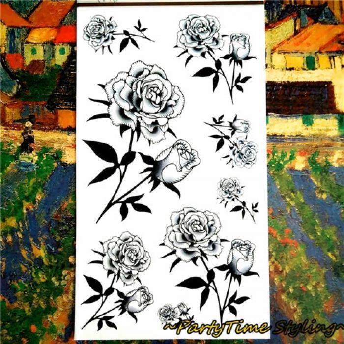 Rose Tatouage Temporaire Ephemere Realiste Dessin Crayon Noir