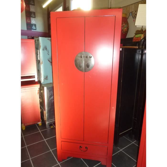 armoire haute fine 2 portes 1 tiroir - ethnique - ailleurs - mat - bois massif - rouge