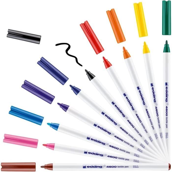 10 Feutres Textiles Edding 4600 – Lavables à 60°C – Pointe 1 Mm – Pour Customiser T-shirts, Tissus – Couleurs Assorties