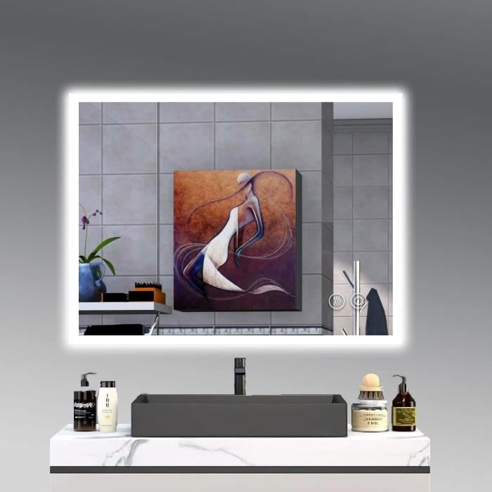 Miroir Salle De Bain LED 80x60 Cm YOURLITE - Luminosité Et Couleur Réglables, Anti-buée, Horloge/température - Étanche IP44