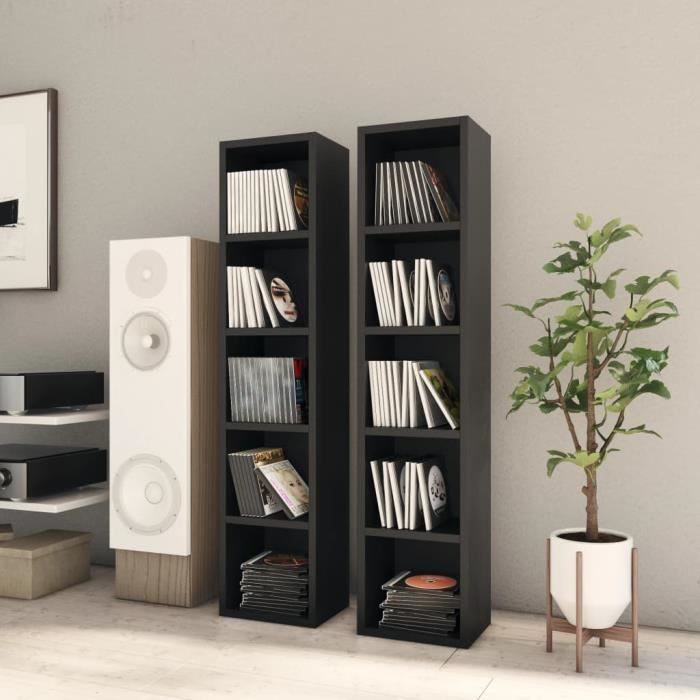 style essentiel - lot de 2 meubles étagère bibliothèque, meuble range cd noir 21x16x93,5 cm aggloméré ®662294®