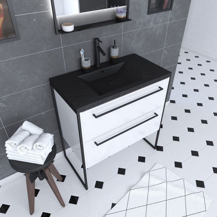 Meuble De Salle De Bain 80x50cm Blanc 2 Tiroirs Blanc Vasque Resine Noire Effet Pierre Structura P016 Cdiscount Maison