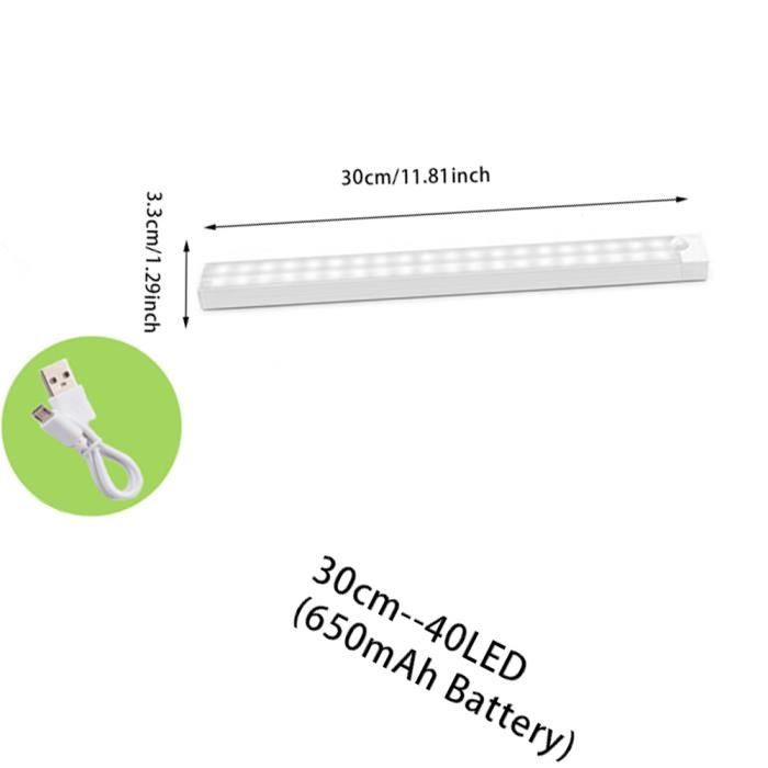 DUVERT Lampe LED Armoire USB 30cm 40LED – Lumière Sans Fil Capteur Mouvement Rechargeable, Blanc Chaud, Pour Cuisine, Chambre, Placard, Escalier