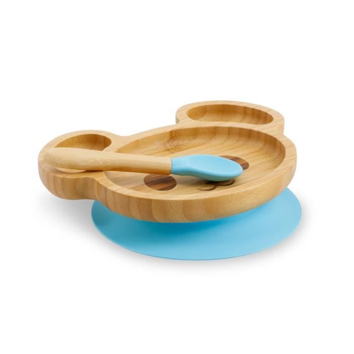 Assiette Bébé Acier Inox 304 Huiguli - Forme Ours Avec Ventouse - Cuillère Et Fourchette Incluses