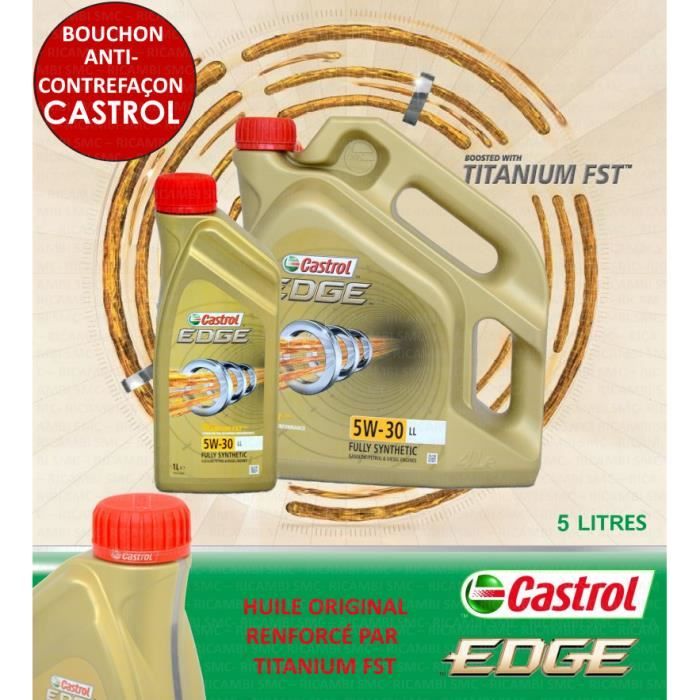 2 x 1 l + 5 l = 7 litres d'huile moteur Castrol Edge Fluid Titanium 5W-30  LL avec Support de vidange d’huile Castrol.