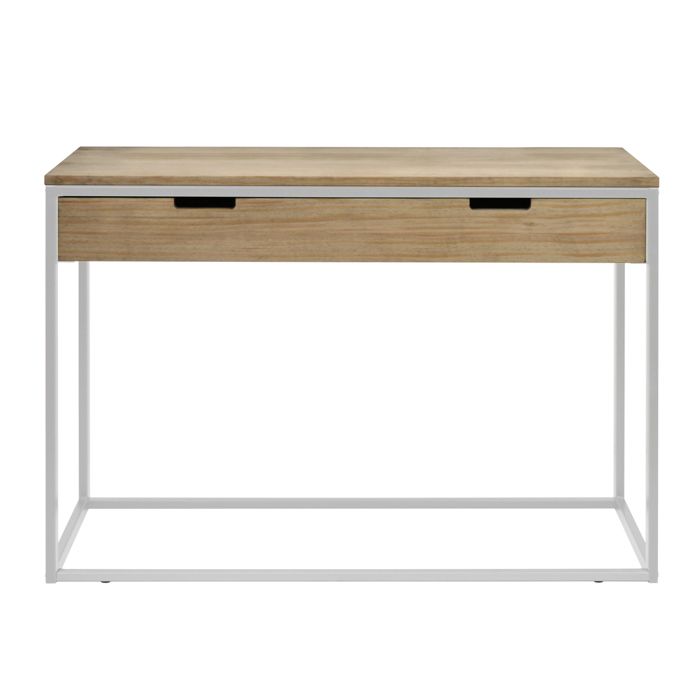 table d'entree console icub 120x40x80cm blanc avec double tiroir en bois massif pin fini vintage style industriel box furniture