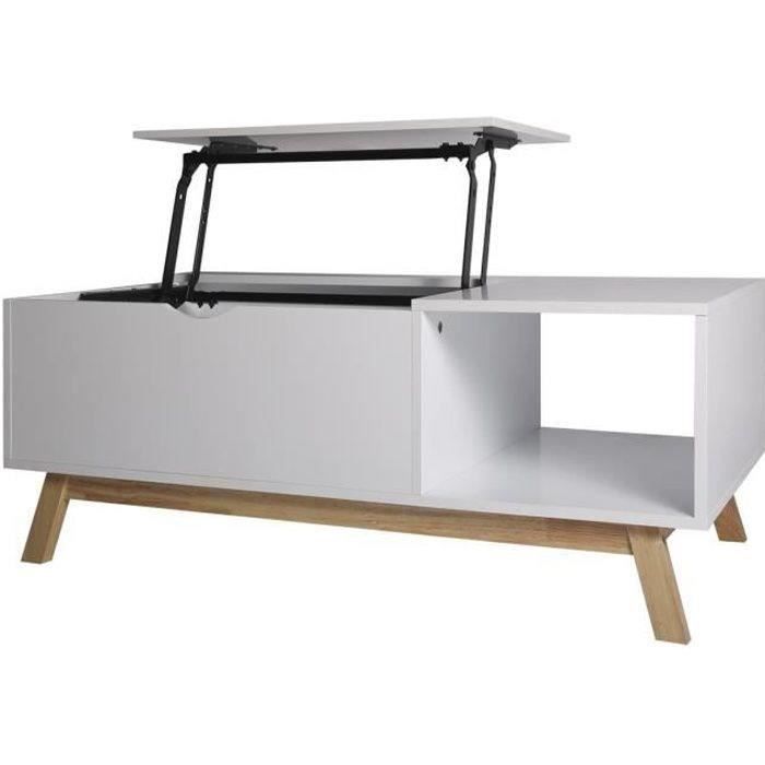 Table basse rectangulaire LIFT - Blanc et bois - Scandinave - Plateau relevable - Sur pieds - L 110 x P 55 x H 43 cm