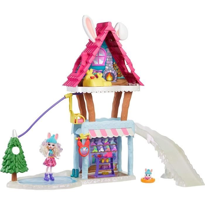 Enchantimals coffret Chalet des Neiges de Bevy Lapin, mini-poupée, figurine animale Jump, 5 espaces de jeu