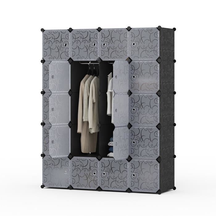 Mondeer Armoire de Rangement, Penderie Portable de 20 Cubes avec 3 Tringles à Vêtements, pour Ranger Vêtements Chaussures Jouets, C