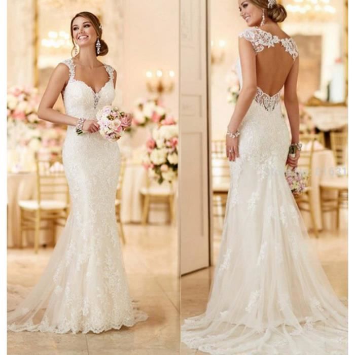 Olali Blanc Dos Nu Vintage Dentelle V Cou Sirene Robes De Mariee