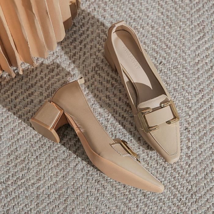 Escarpins Femme Talons Hauts 5CM Bout Carre Talon Epais Cuir Souple Beige