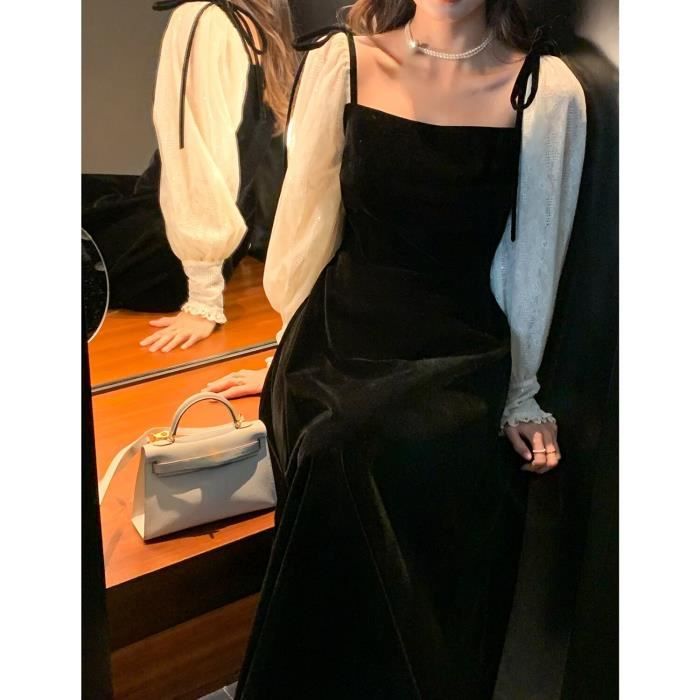 Robe Rétro à Paillettes Et Col Carré Pour Femme - En Velours Doré