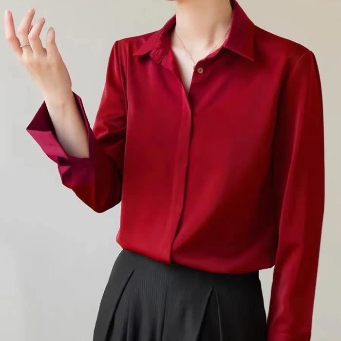 Chemise femme Drapé en satin à manches longues pour une coupe décontractée  printemps automne été boutons cachés