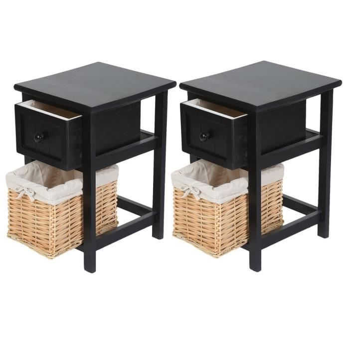 Outad 2pcs Table De Chevet En Bois Noir Avec Le Coffret D Osier