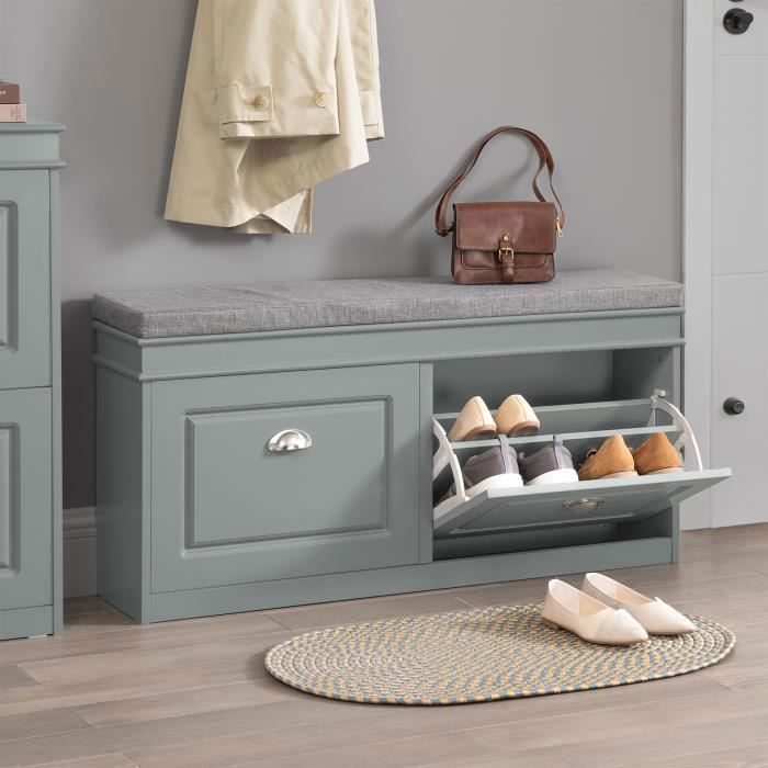 SoBuy Banc Chaussures 2 Abattants avec Coussin Amovible Coffre Rangement Entrée Couloir Chambre 8 Paires Gris