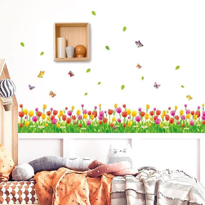 WandSticker4U®- Stickers muraux HAIE DE TULIPES (L: 2.28M) I verte herbe  fleurs floral plantes papillons I autocollant [210] - Cdiscount Maison