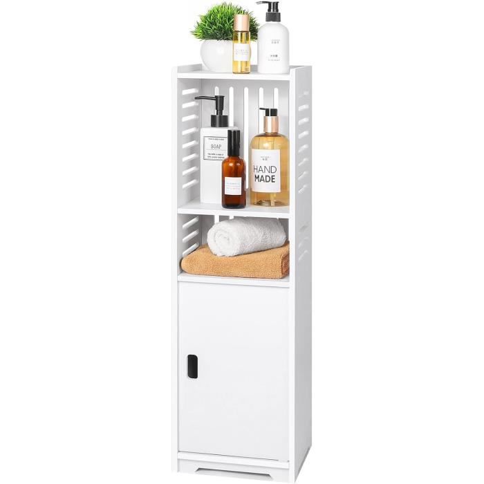 Armoire De Salle De Bain Blanche - Meuble Rangement Sur Pied Avec Porte Et Étagères - Style Moderne