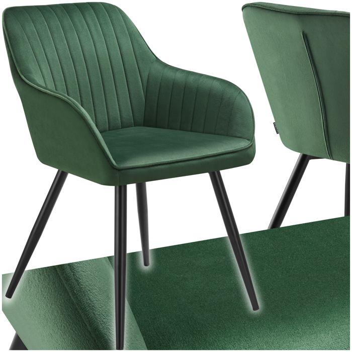 Chaise - TECTAKE - Chaise MARILYN effet velours capitonné rembourrée et pieds acier noir 58 x 62 x 82 cm - Vert foncé