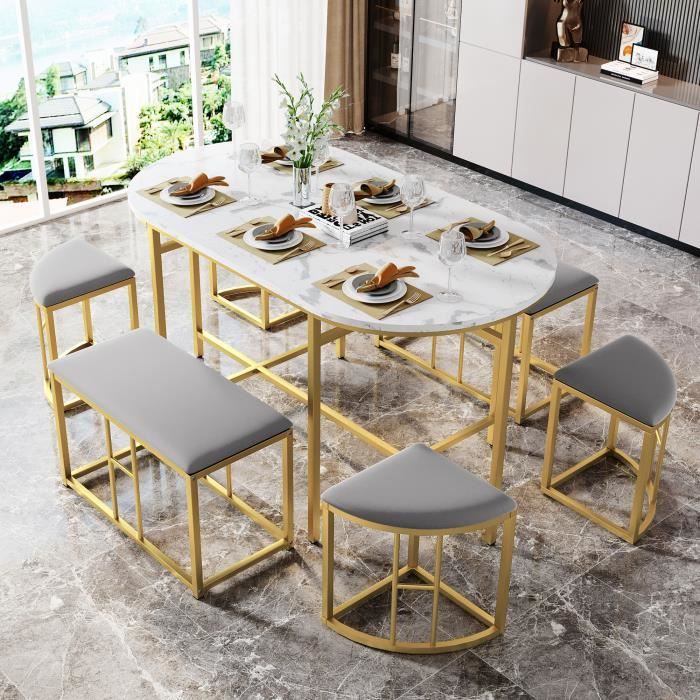 Ensemble table à manger - 1 plateau aspect marbre 6 tabourets - structure en acier stable - blanc et or moderne 140*70*76 cm