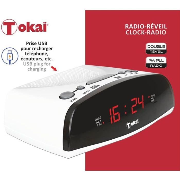 RADIO-RÉVEIL BLANCHE AVEC PRISE USB POUR RECHARGE DE TÉLÉPHONE - TOKAï