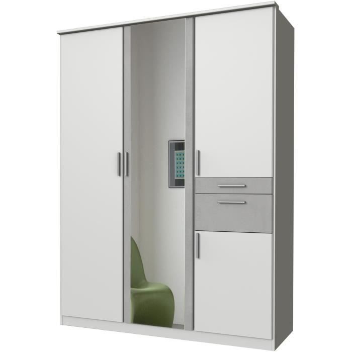 Armoire Décor Blanc & Gris béton - 4 portes battantes - Miroir - 2 tiroirs - L135 x P58 x H199 cm - VOLOS
