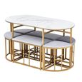 Ensemble table à manger - 1 plateau aspect marbre 6 tabourets - structure en acier stable - blanc et or moderne 140*70*76 cm-1