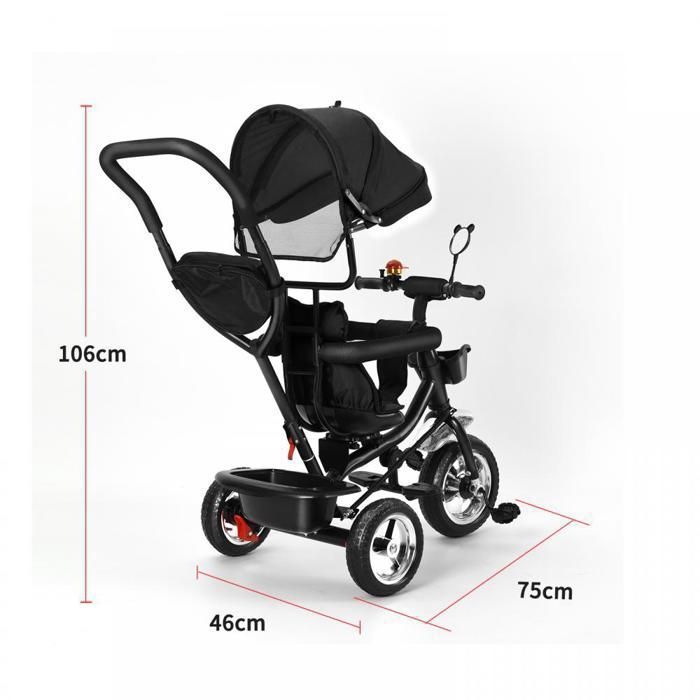 Tricycle Bébé Évolutif - Pare-Soleil Pliable, Canne Parentale Ajustable, Roues Silencieuses, Siège Réversible - Noir