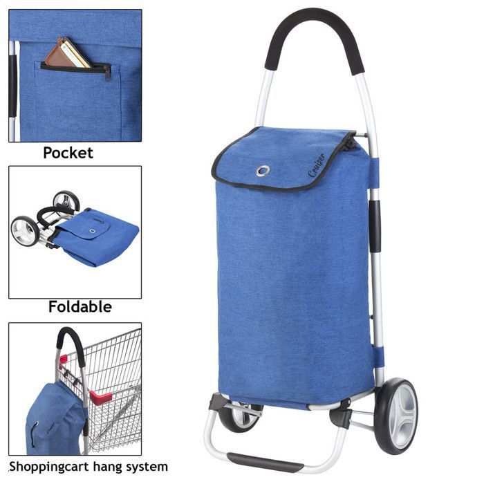 Charriot de Course 4 Roues Caddie marché Poussette Pliable Grosse contenance (Bleu