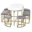 Ensemble table à manger - 1 plateau aspect marbre 6 tabourets - structure en acier stable - blanc et or moderne 140*70*76 cm-2