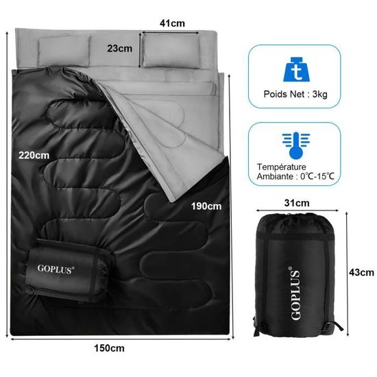 Sac De Couchage Double 2 Places 220x150cm - Détachable Avec 2 Oreillers - Noir