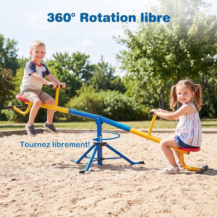 Outsunny Balançoire à Bascule Rotative 360° Pour Enfants 3-8 Ans – Trébuchet Métal Multicolore Avec Poignées Et Pare-Chocs, 184x76x71 Cm