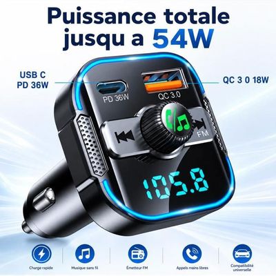 AOSAIXIS Émetteur FM Bluetooth Pour Voiture - Adaptateur USB-C & USB 2.4A, Charge Rapide, Appels Mains Libres, Streaming MP3/FLAC - 9