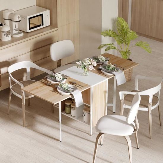 HOMCOM Table de cuisine table pliante 4 éagères intégrées panneaux MDF  métal 169 x 62 x 75 cmchêne blanc chêne