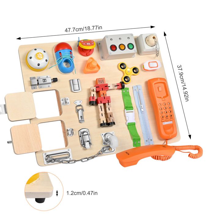 Busy Board Montessori - Jouet Sensoriel 1-3 Ans - Bois - 10 Interrupteurs LED - Voyage