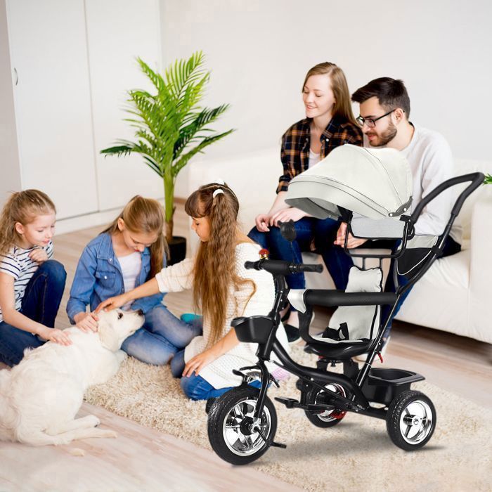 Tricycle évolutif 5 En 1 Pour Enfant - Avec Lumières, Musique Et Siège Inclinable - Poussette 4 Roues, Garde-corps Amovible