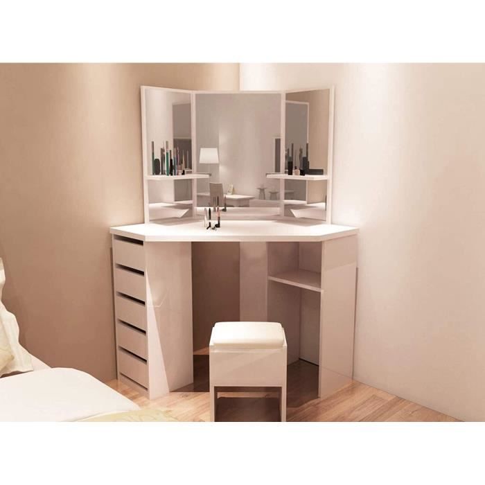Coiffeuse D'angle Zelia Blanche Avec Miroir LED - 3 étagères, Tiroir, Caisson Et Tabouret - Pour Dressing Ou Chambre - 9