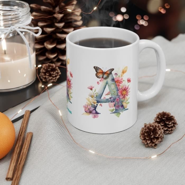 Tasse Personnalisée Initiale Lettre L Avec Fleurs - Mug Céramique Noir Élégant