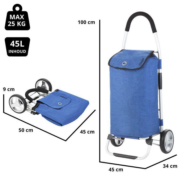 Chariot De Courses Pliable – 3 Roues – Bleu à Carreaux – 54x34x24 Cm