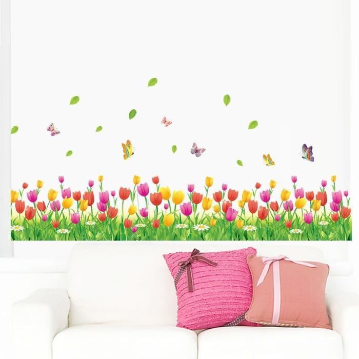 WandSticker4U®- Stickers muraux HAIE DE TULIPES (L: 2.28M) I verte herbe  fleurs floral plantes papillons I autocollant [210]