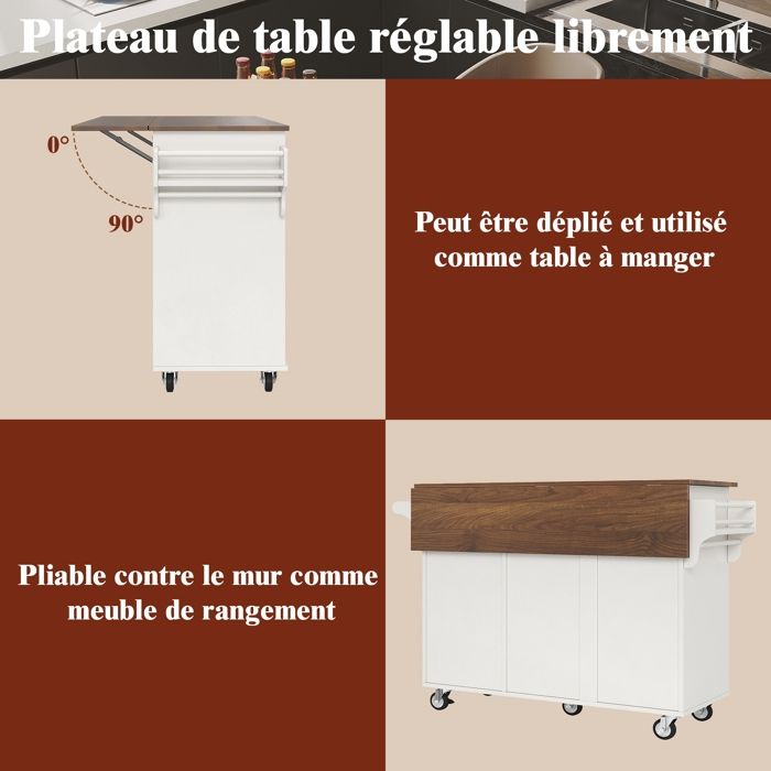 Desserte de cuisine à roulettes 129x46-71x91cm Îlot central Chariot de cuisine avec plan de travail extensible 2 gris et blanc à partir de 219,85 € (juin 2026