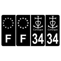 Lot de 4 Autocollants Sticker Plaque d'immatriculation Voiture 34 Logo Camargue Noir & F Europe