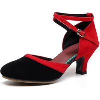 Chaussures de Danse Latine pour Femmes 5cm de Talon Boucle Ajustée Salsa Tango Noir Rouge Intérieur
