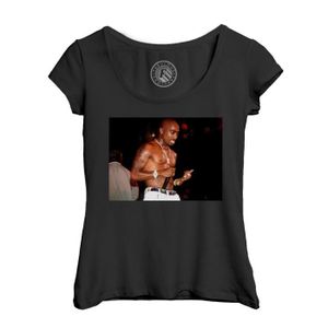 T shirt Femme Col Echancr Noir Tupac Shakur Live Concert Rapper