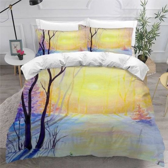 Parure De Lit 3 Pièces Paysage Naturel - Housse De Couette 220x240cm + 2 Taies, Microfibre, Motifs Fleurs Colorés
