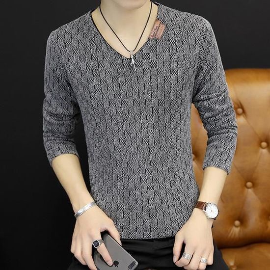 Pull long pour homme Printemps automne hommes a manches longues vetements couleur unie grille col en V pull porter mince Streetwea Gris Cdiscount Pret a Porter