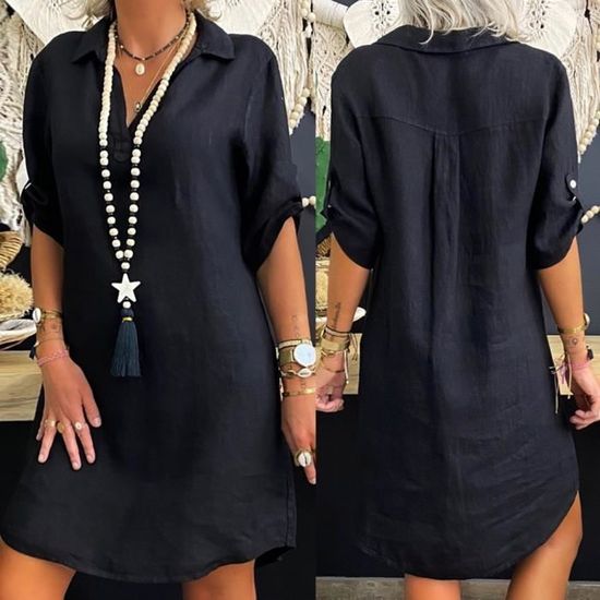 Robe Mode femmes grande taille en lin de coton solide col rabattu