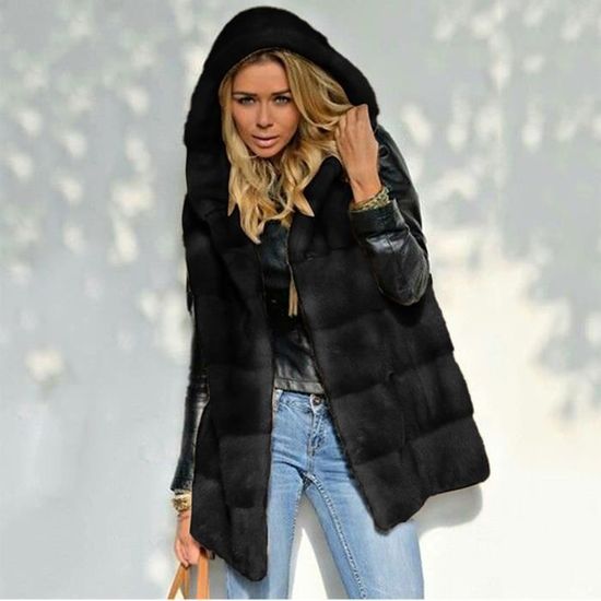 Veste sans manche femme fourrure capuche sale